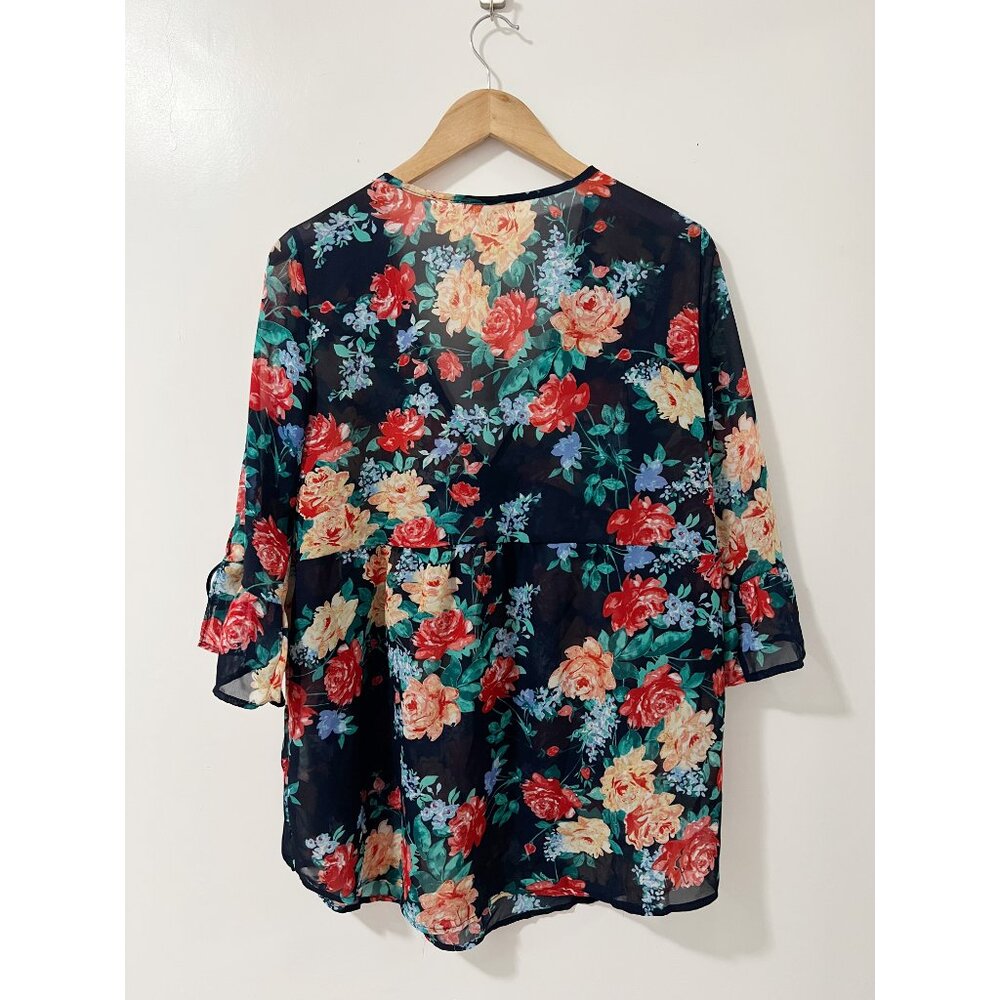 Claudia Richard Navy Floral Lightweight Sheer Oversized Blouse Size Medium - Picture 2 of 7